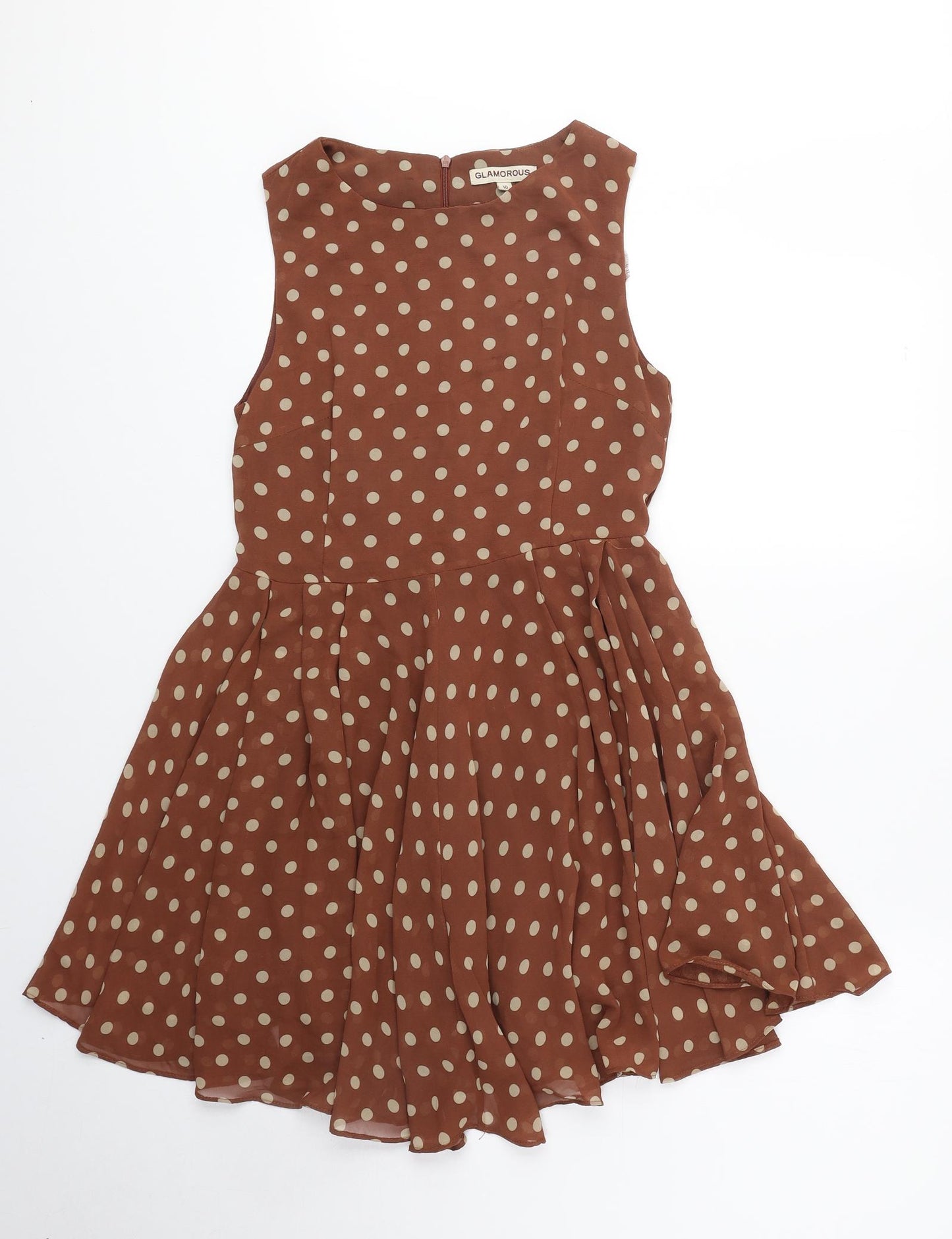 Glamorous Womens Brown Polka Dot Polyester Skater Dress Size 10 Scoop Neck Zip
