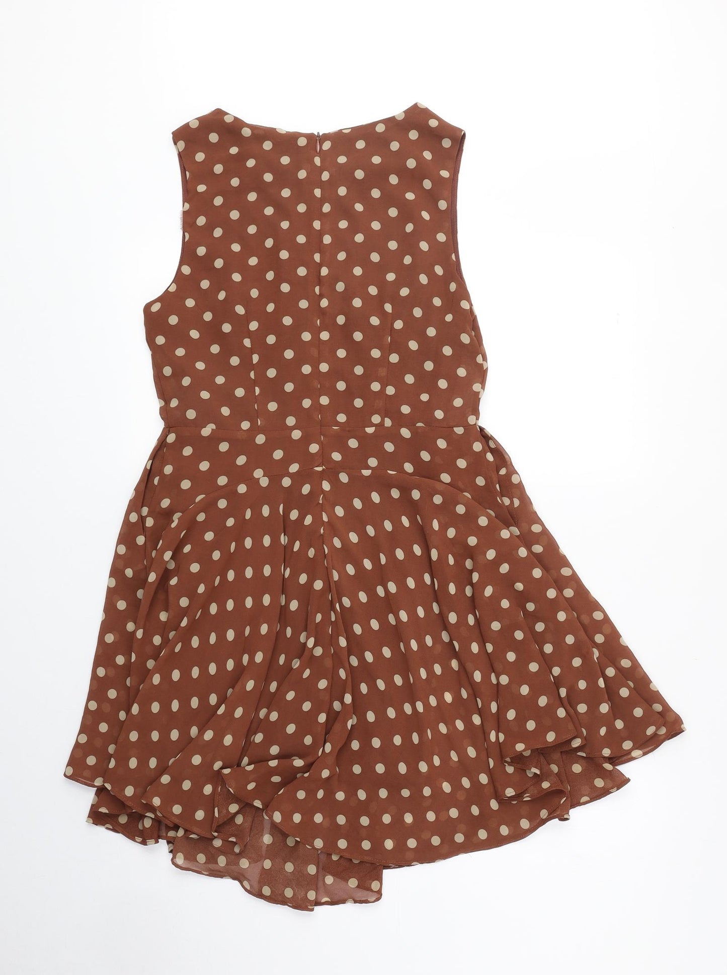 Glamorous Womens Brown Polka Dot Polyester Skater Dress Size 10 Scoop Neck Zip