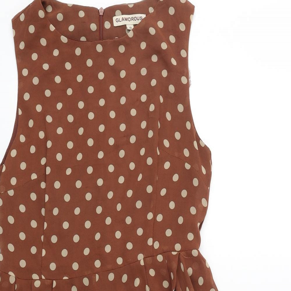 Glamorous Womens Brown Polka Dot Polyester Skater Dress Size 10 Scoop Neck Zip