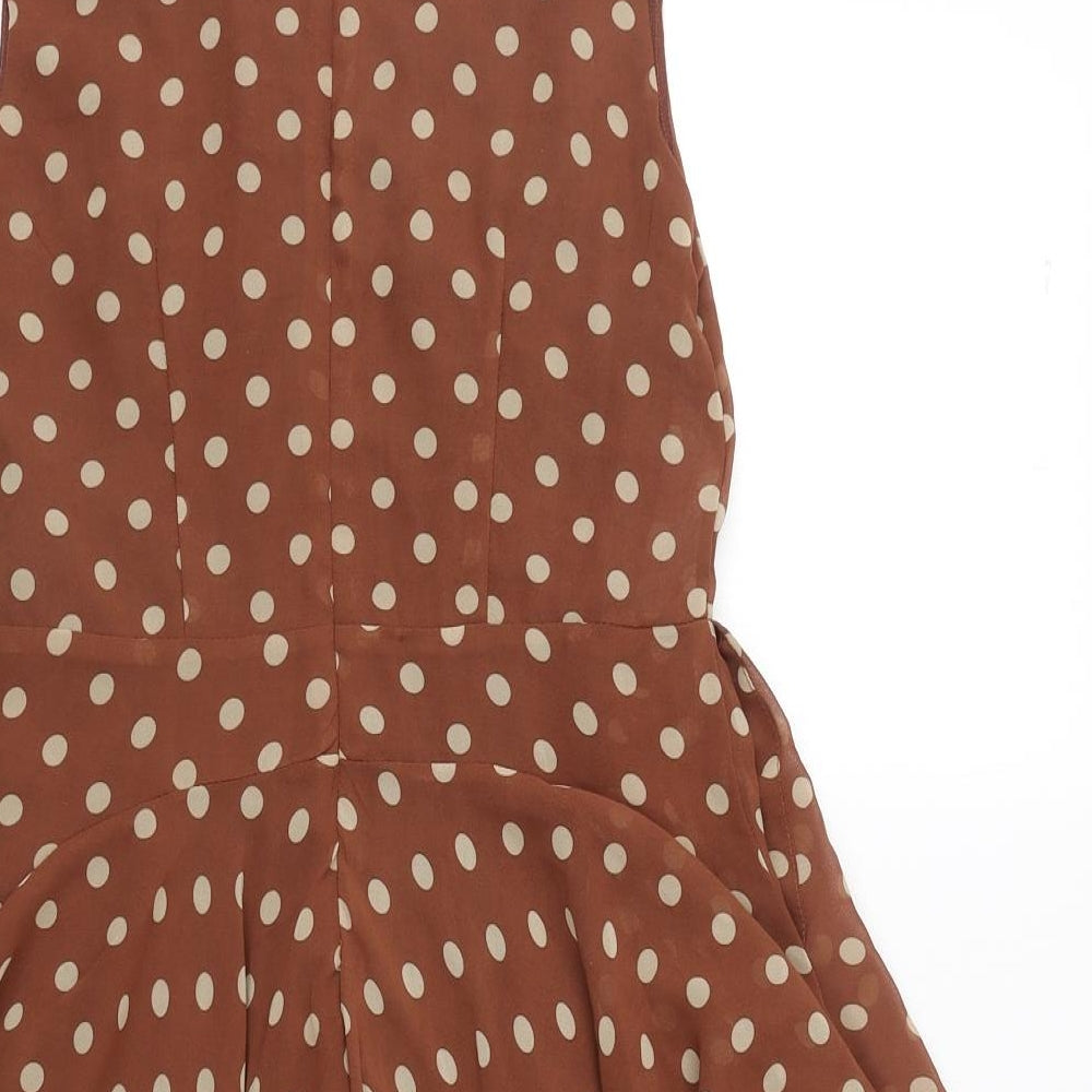 Glamorous Womens Brown Polka Dot Polyester Skater Dress Size 10 Scoop Neck Zip