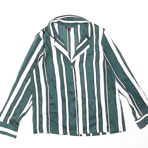 Topshop Womens Green Striped Polyester Basic Button-Up Size 8 V-Neck