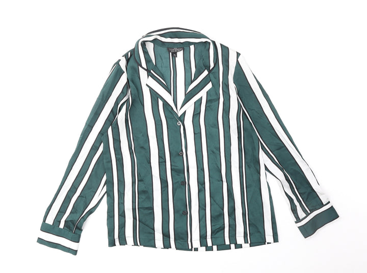 Topshop Womens Green Striped Polyester Basic Button-Up Size 8 V-Neck