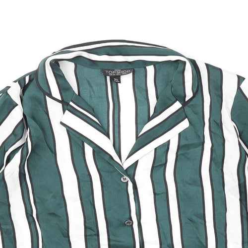 Topshop Womens Green Striped Polyester Basic Button-Up Size 8 V-Neck