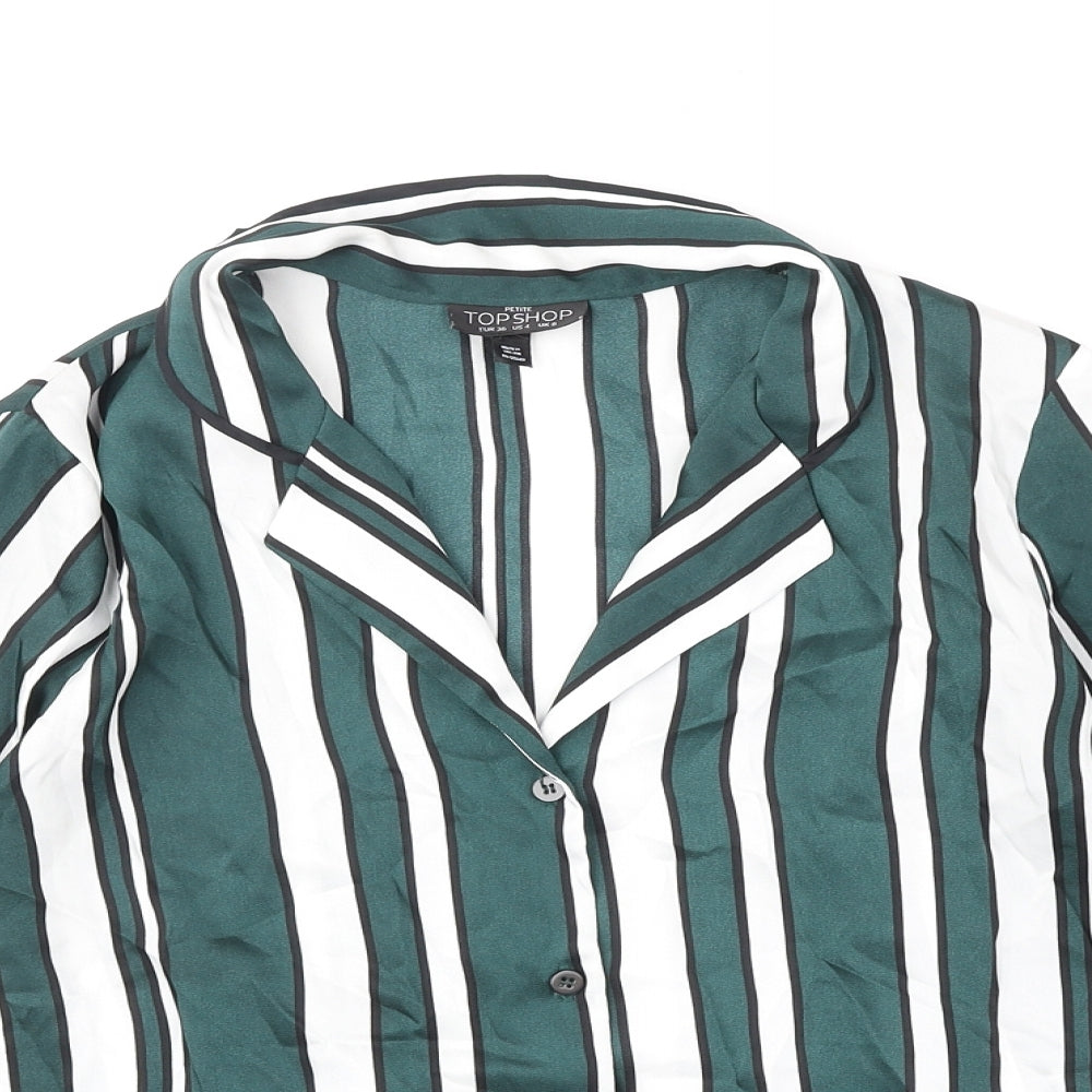 Topshop Womens Green Striped Polyester Basic Button-Up Size 8 V-Neck