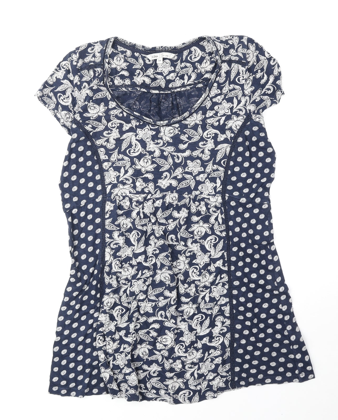 Fat Face Womens Blue Geometric Cotton Basic T-Shirt Size 16 Round Neck