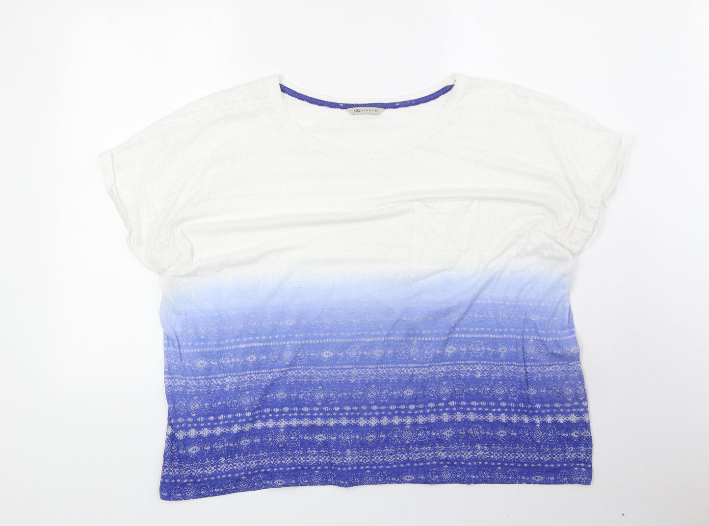 Marks and Spencer Womens Blue Geometric Cotton Cropped T-Shirt Size 18 Round Neck