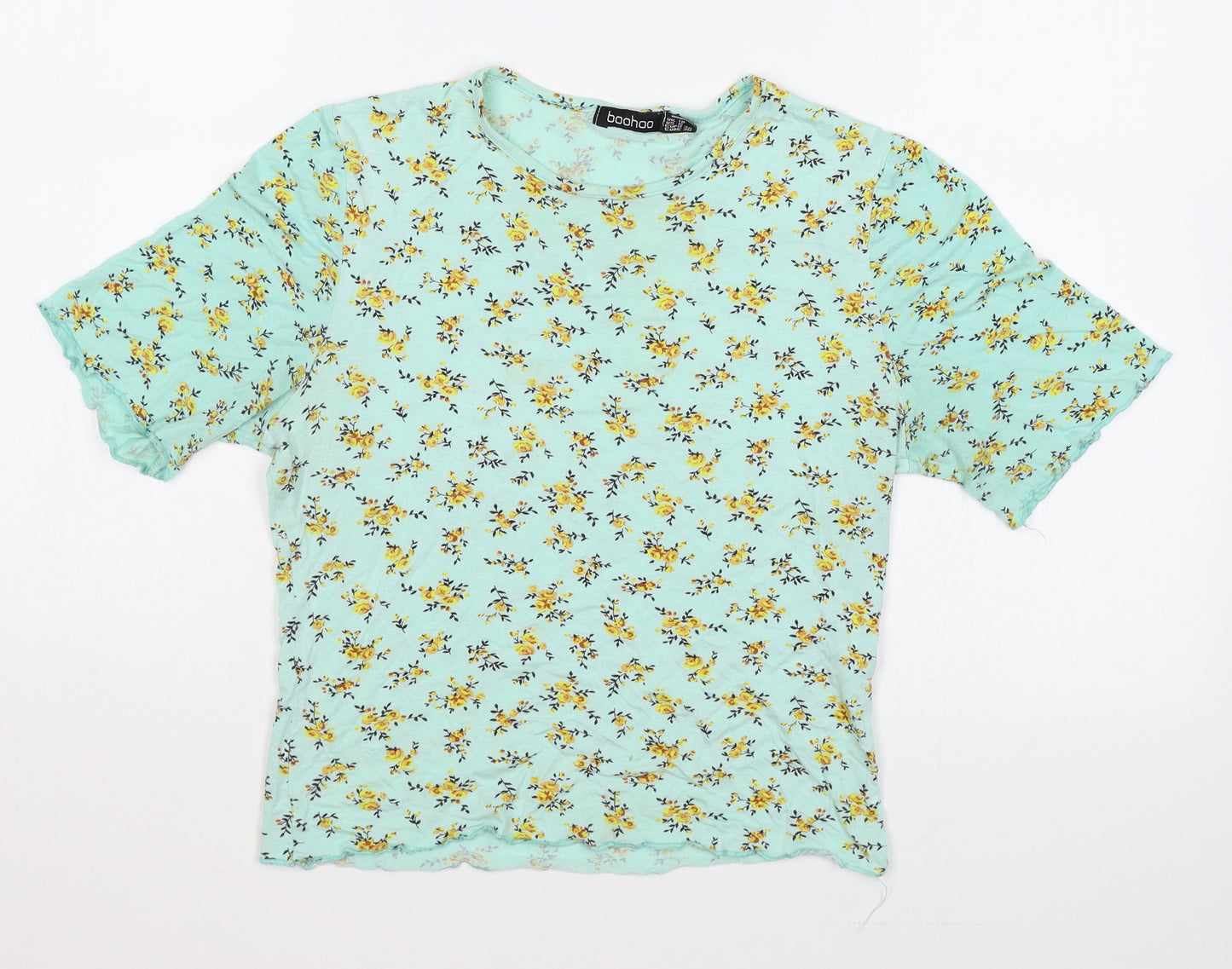 Boohoo Womens Green Floral Polyester Basic T-Shirt Size 10 Round Neck