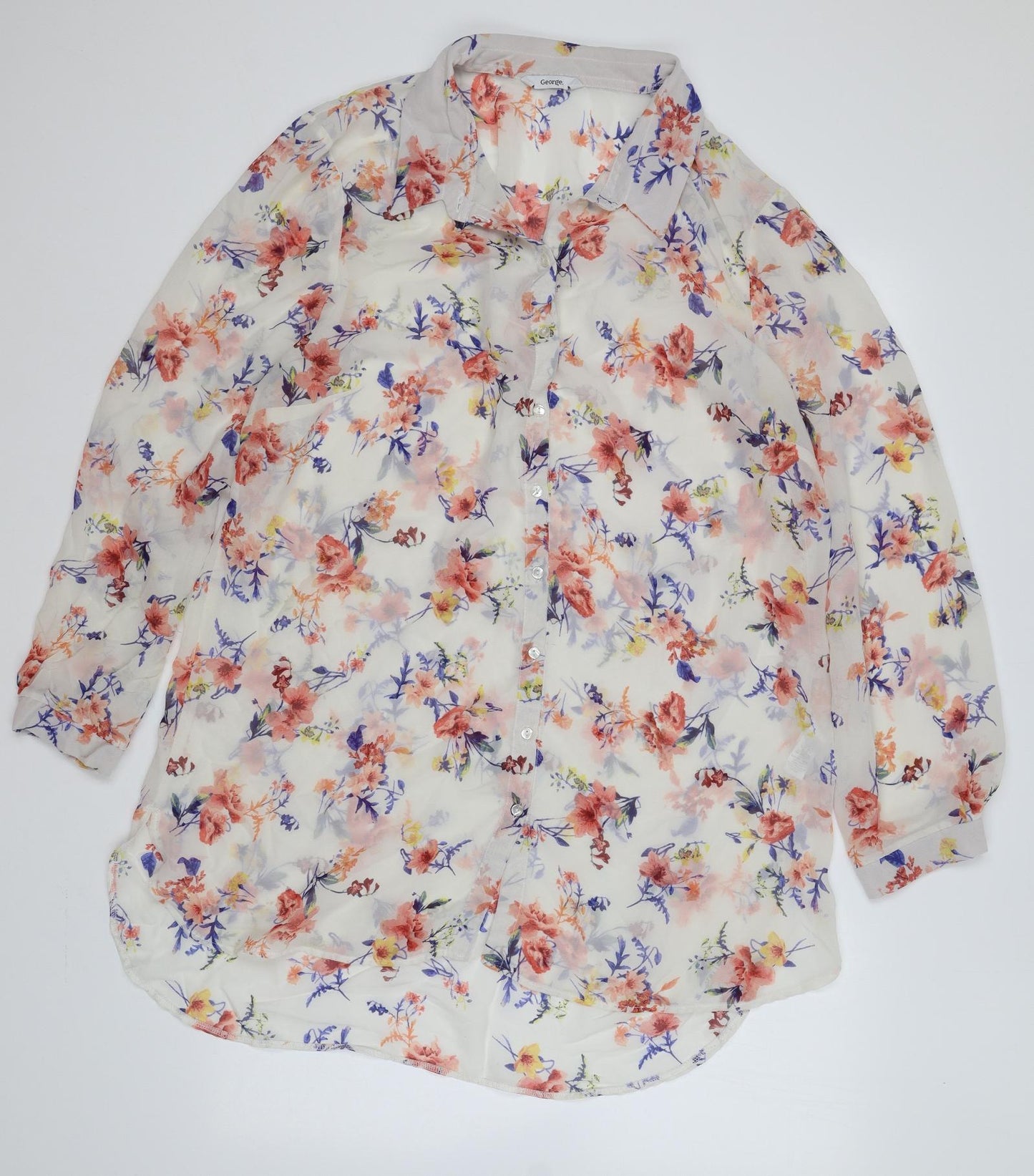 George Womens White Floral Polyester Basic Button-Up Size 18 Collared