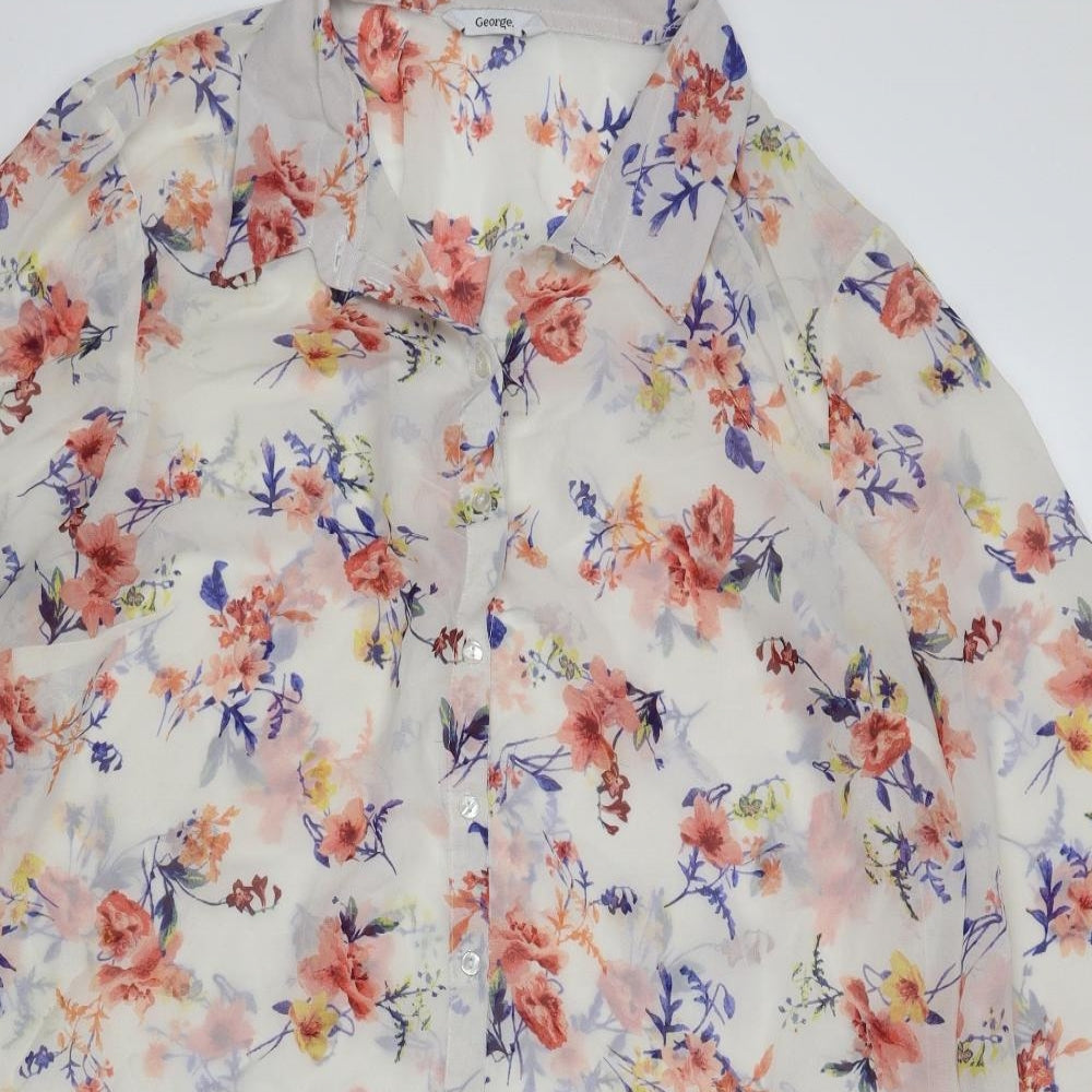George Womens White Floral Polyester Basic Button-Up Size 18 Collared