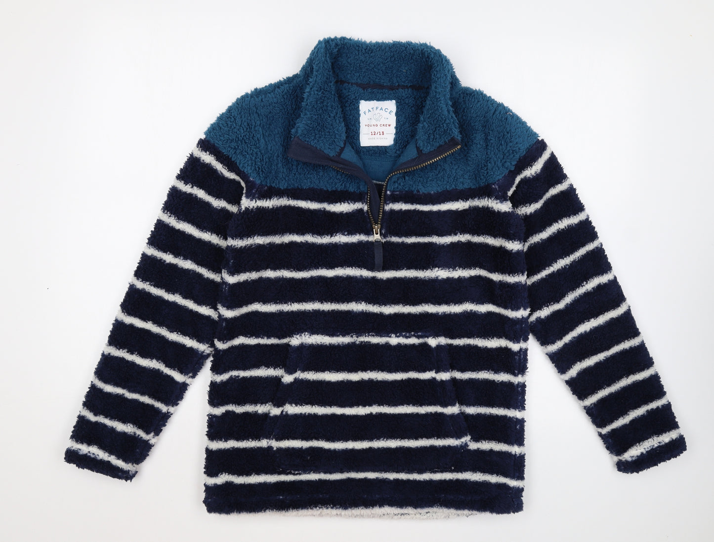 Fat Face Boys Blue Collared Striped Polyester Pullover Jumper Size 12-13 Years Zip