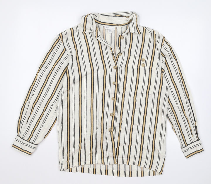 Topshop Womens Beige Striped Cotton Basic Button-Up Size 6 V-Neck