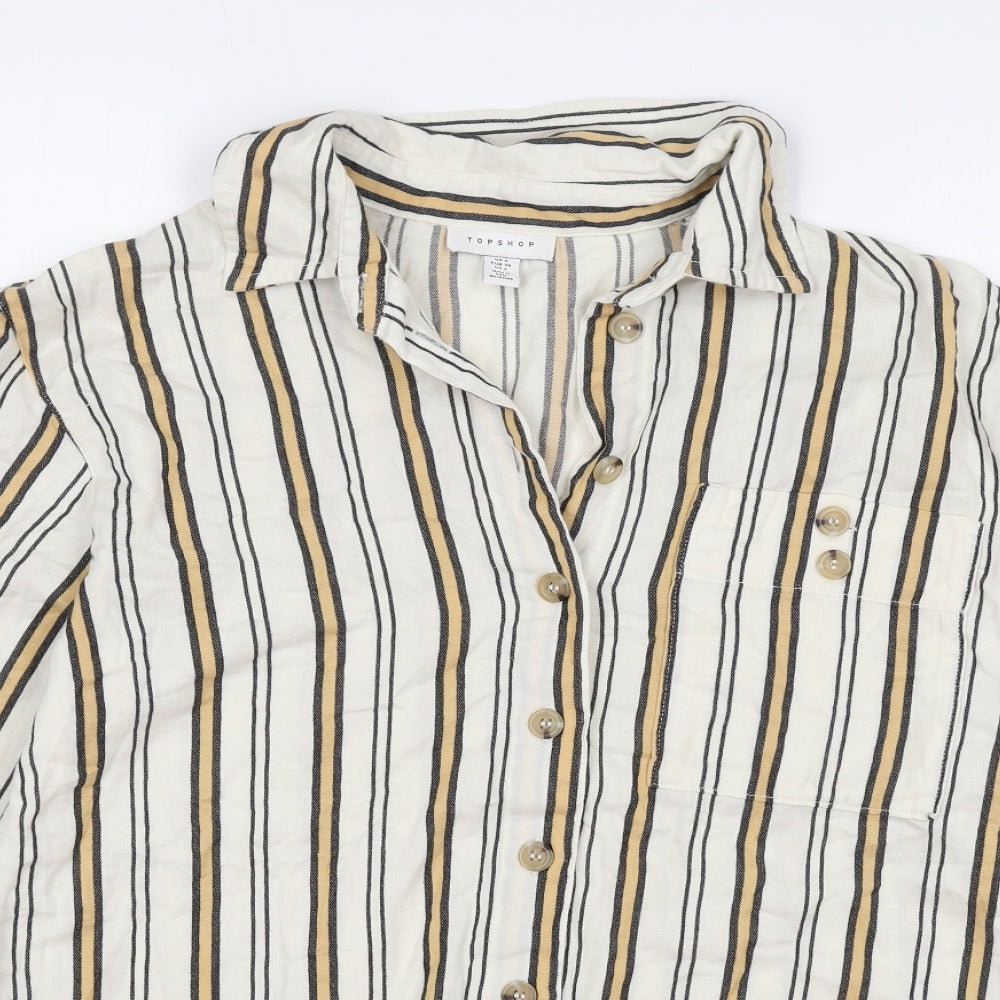 Topshop Womens Beige Striped Cotton Basic Button-Up Size 6 V-Neck