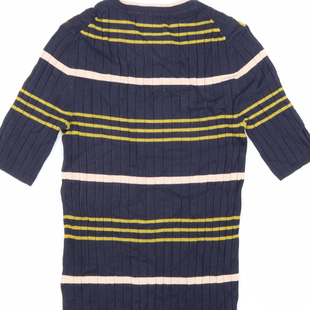 M&S Collection Womens Blue Striped Viscose Basic T-Shirt Size 6 Round Neck