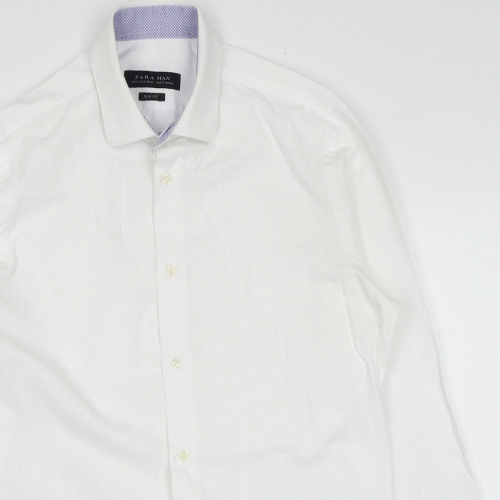 Zara Mens White Cotton Dress Shirt Size M Collared Button