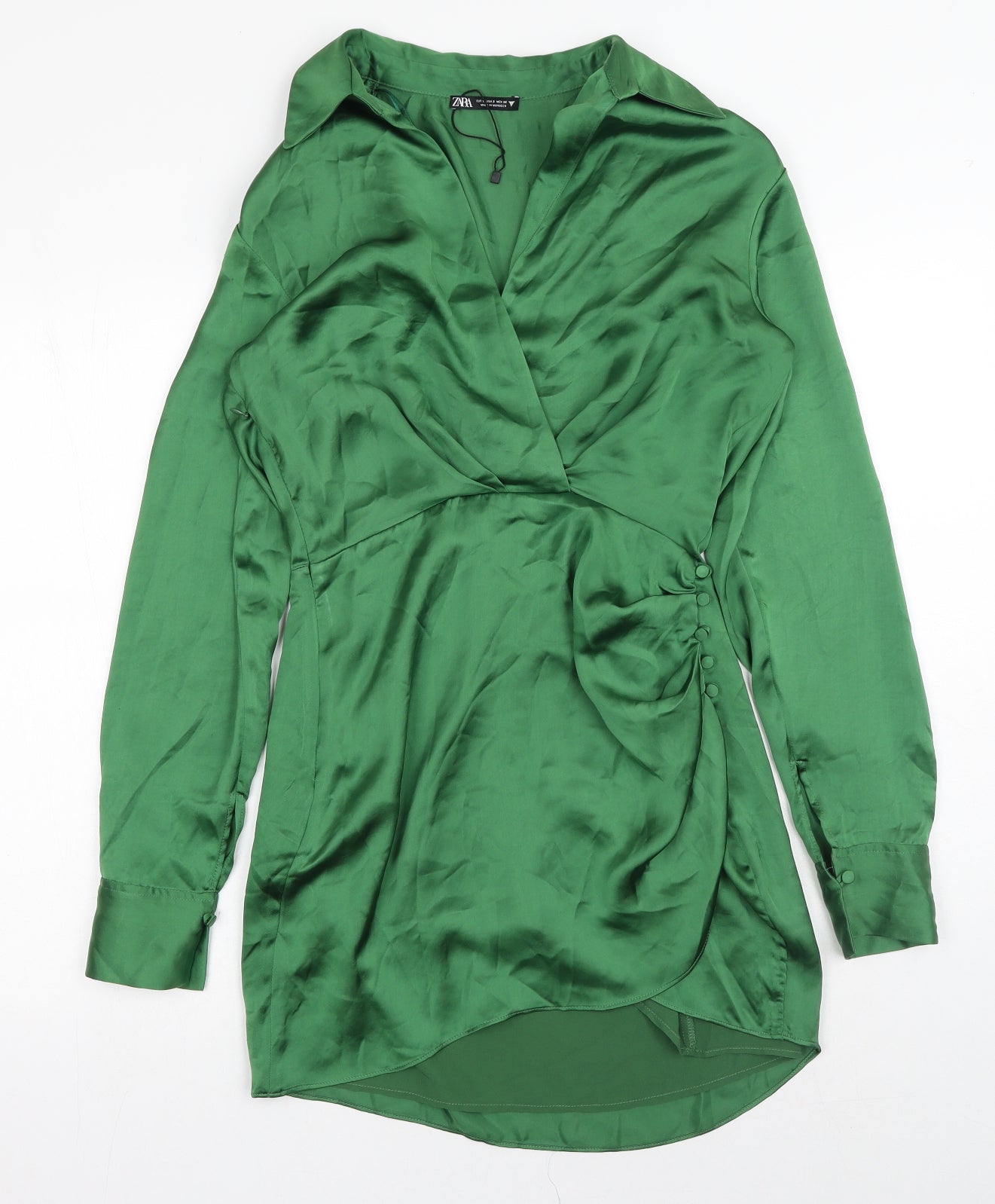Zara Womens Green Polyester Shirt Dress Size S V-Neck Button