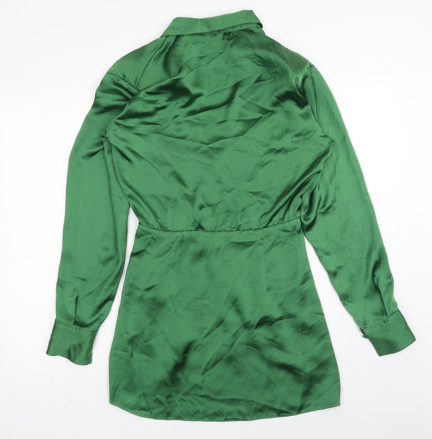 Zara Womens Green Polyester Shirt Dress Size S V-Neck Button