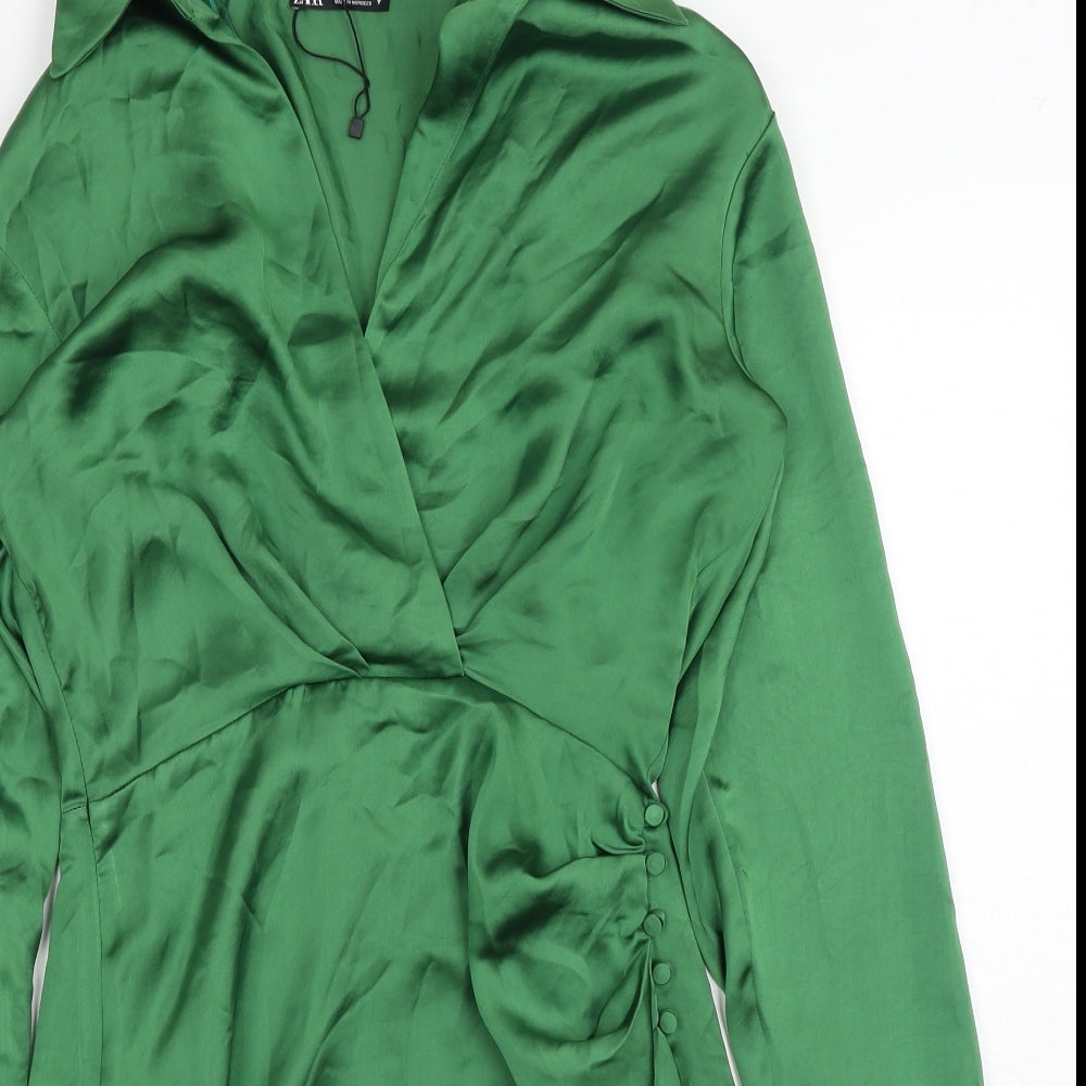 Zara Womens Green Polyester Shirt Dress Size S V-Neck Button
