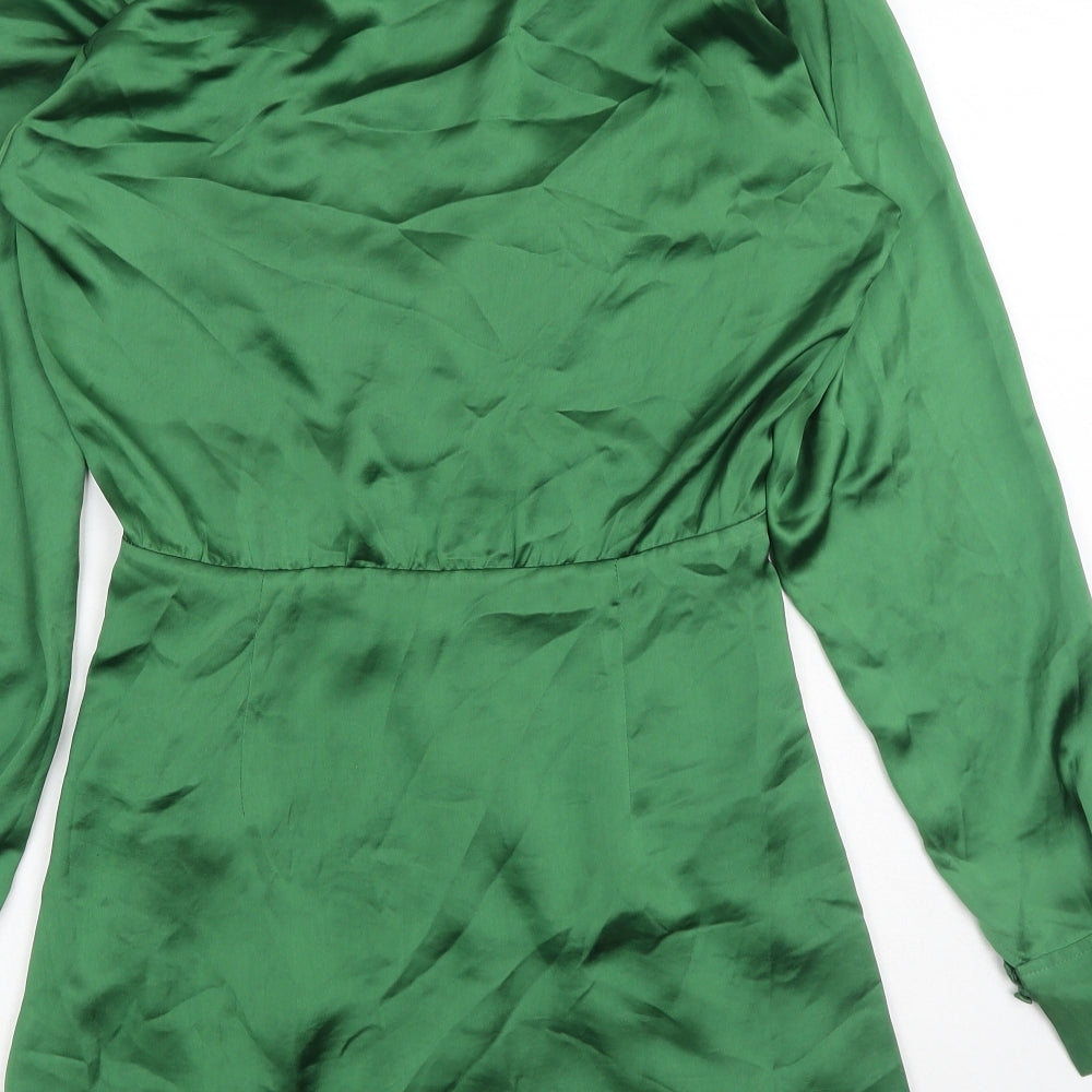 Zara Womens Green Polyester Shirt Dress Size S V-Neck Button