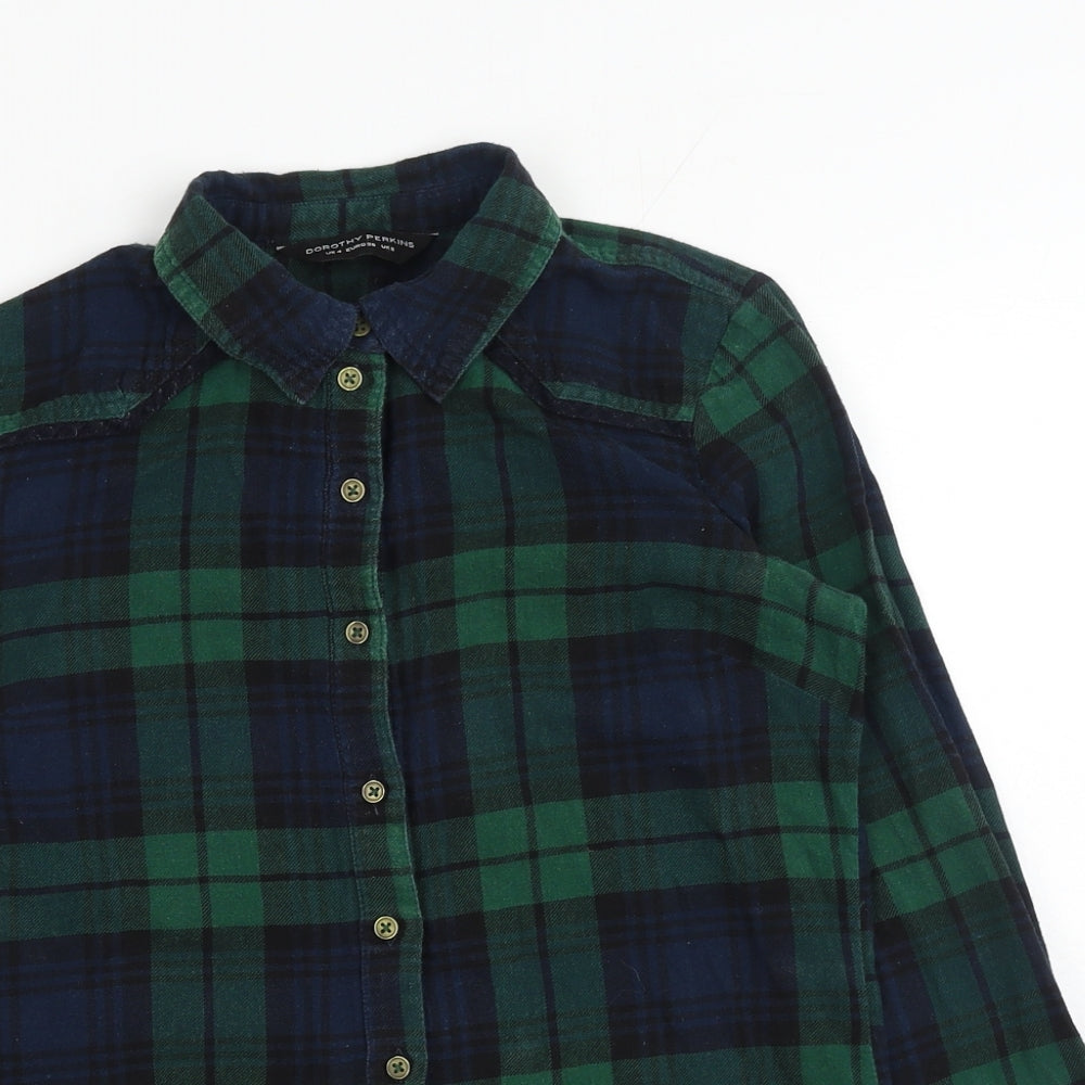 Dorothy Perkins Womens Green Plaid Cotton Basic Button-Up Size 8 Collared