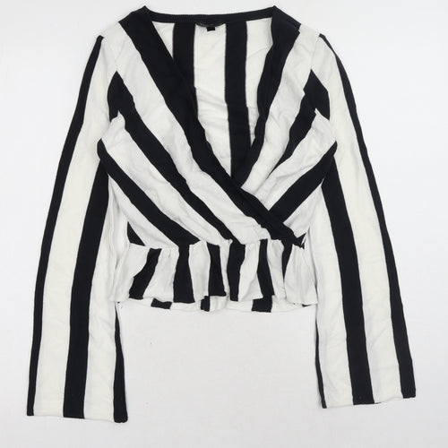 Topshop Womens White V-Neck Striped Acrylic Pullover Jumper Size 8 - Peplum