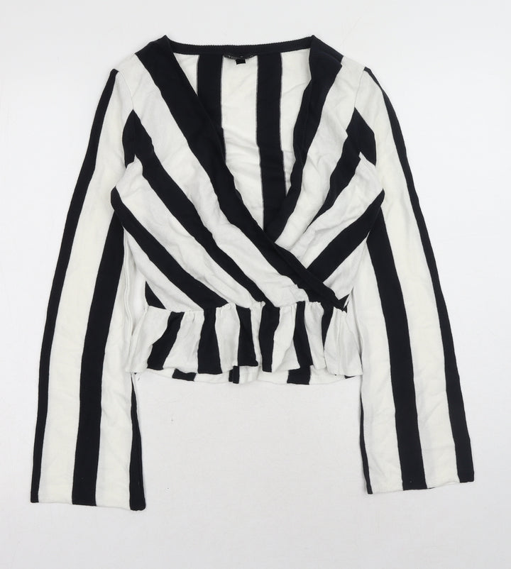 Topshop Womens White V-Neck Striped Acrylic Pullover Jumper Size 8 - Peplum