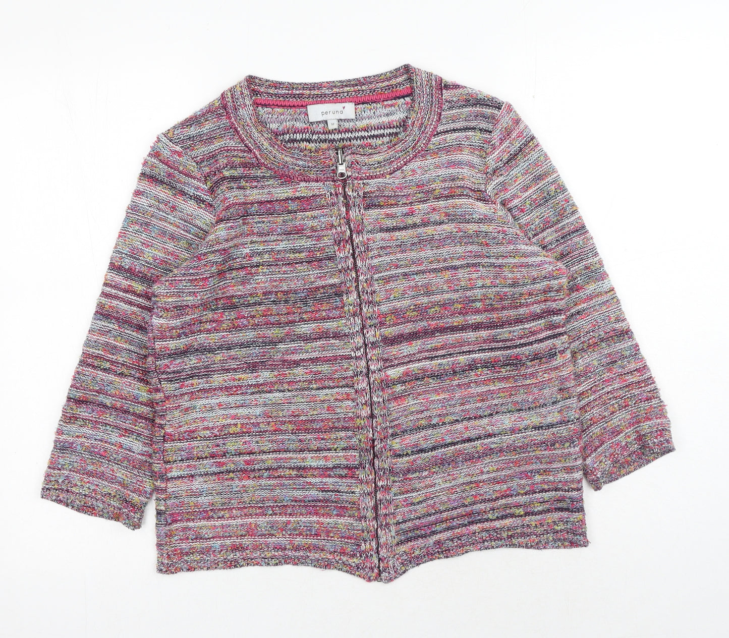 Marks and Spencer Womens Pink Scoop Neck Striped Acrylic Full Zip Jumper Size 12