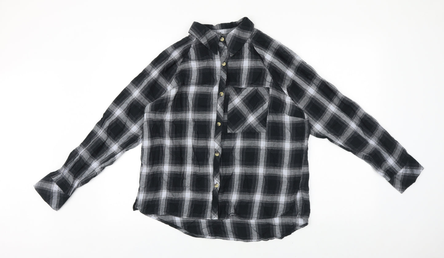 Primark Womens Black Plaid Polyester Basic Button-Up Size 12 Collared