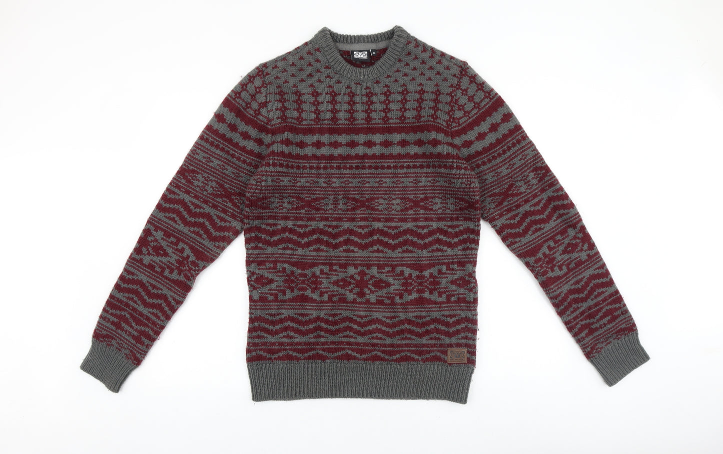 Animal Mens Red Round Neck Fair Isle Acrylic Pullover Jumper Size M