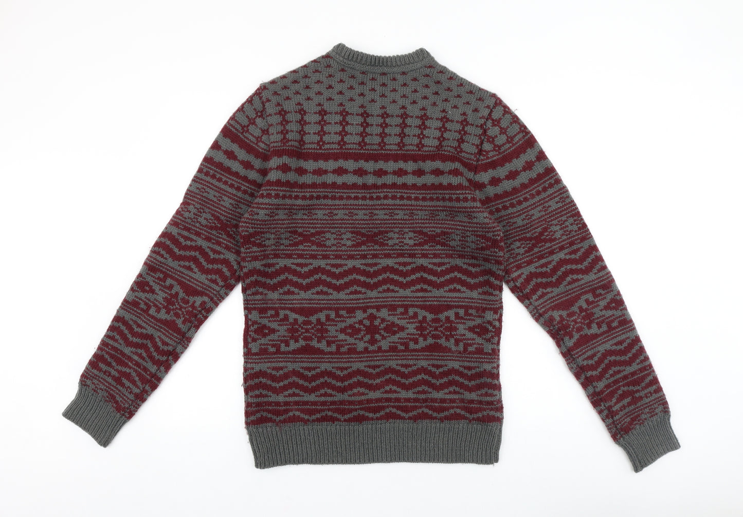 Animal Mens Red Round Neck Fair Isle Acrylic Pullover Jumper Size M