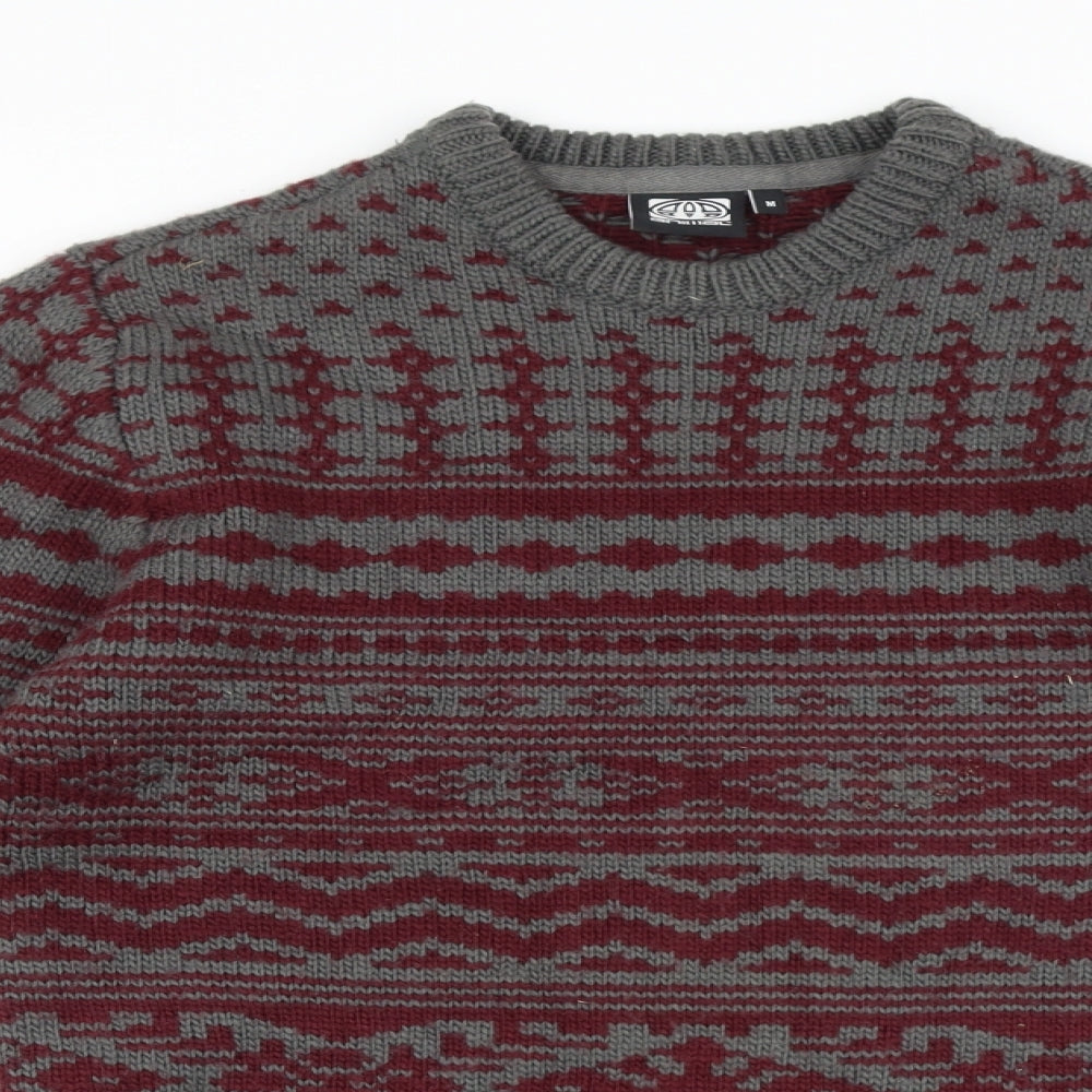 Animal Mens Red Round Neck Fair Isle Acrylic Pullover Jumper Size M