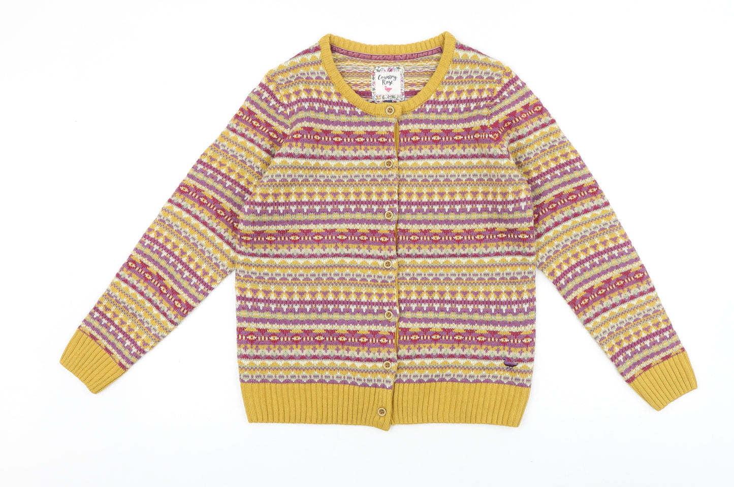 Country Rose Womens Yellow Scoop Neck Geometric Acrylic Cardigan Jumper Size S