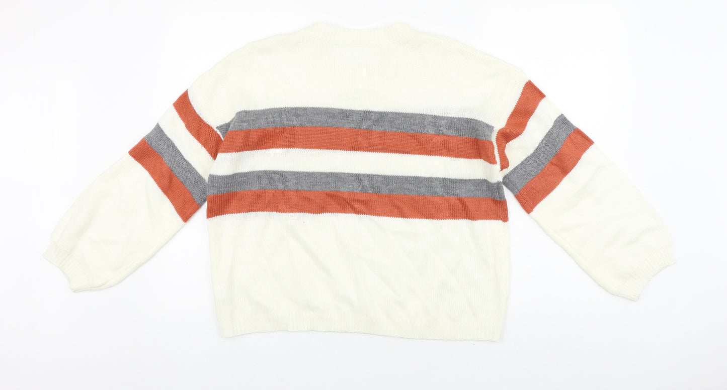 SheIn Womens Ivory Round Neck Striped Acrylic Pullover Jumper Size S