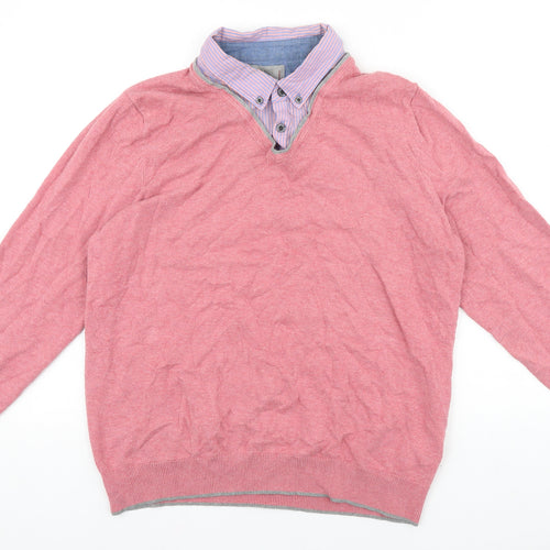 Marks and Spencer Womens Pink V-Neck Cotton Pullover Jumper Size M - Built in Shirt