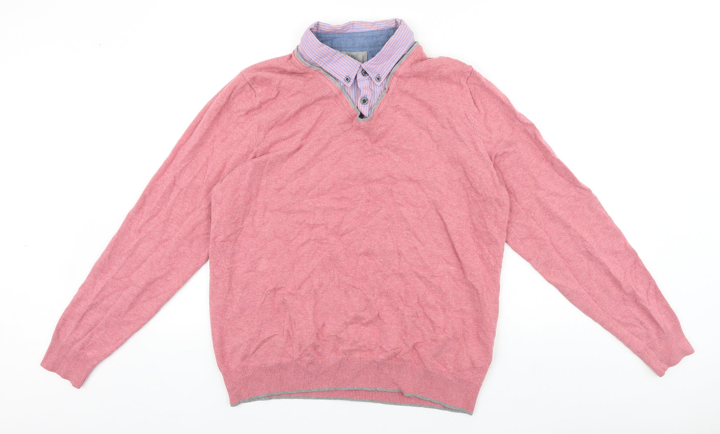 Marks and Spencer Womens Pink V-Neck Cotton Pullover Jumper Size M - Built in Shirt