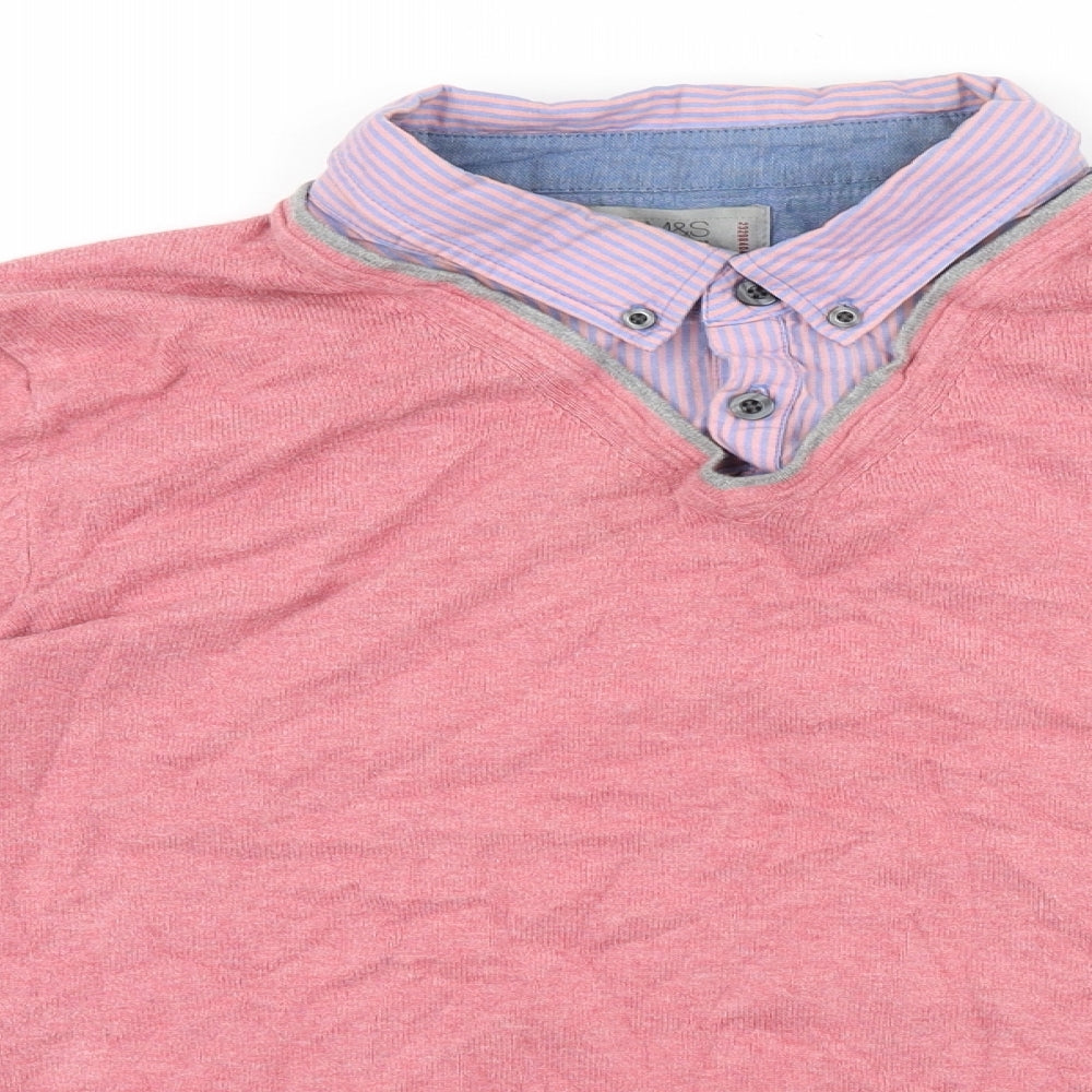 Marks and Spencer Womens Pink V-Neck Cotton Pullover Jumper Size M - Built in Shirt