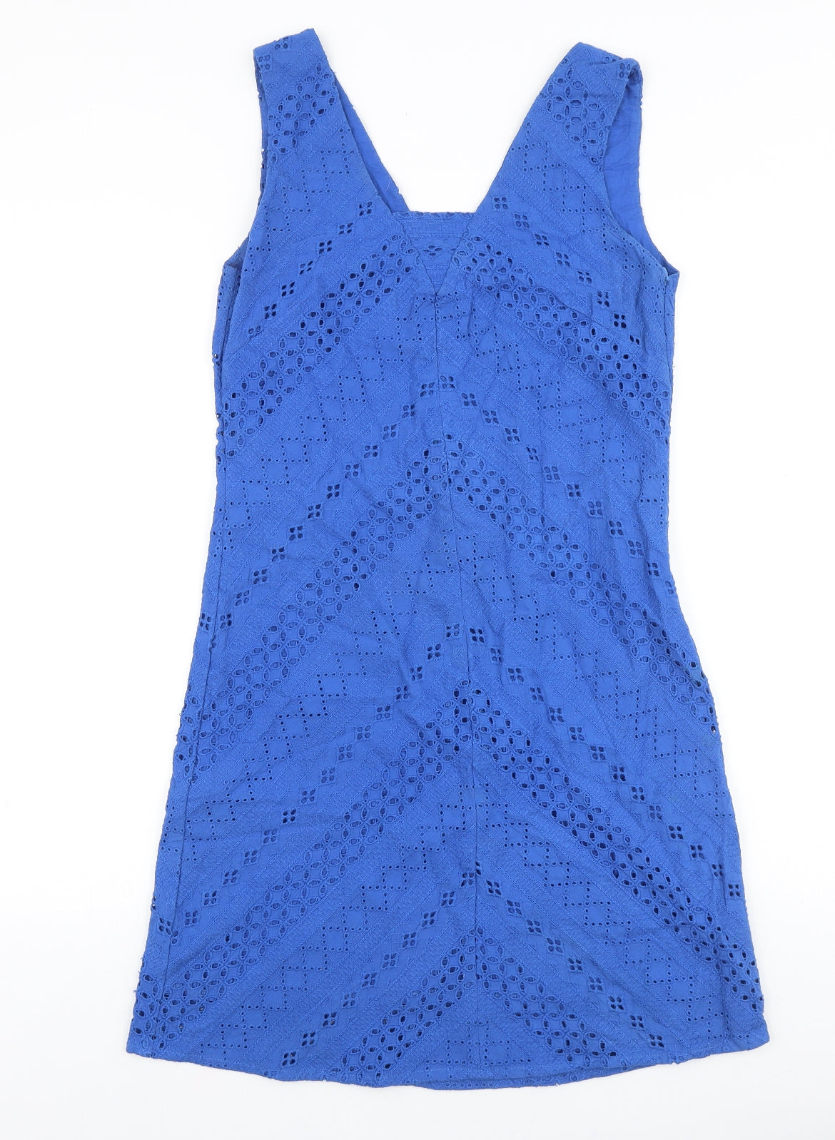 Yumi Womens Blue 100% Cotton Tank Dress Size 8 V-Neck Zip - Broderie Anglaise