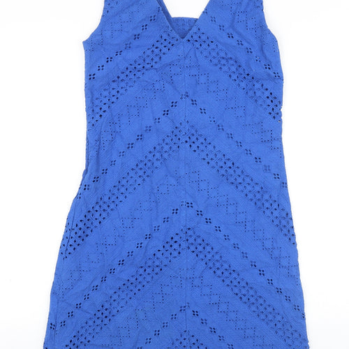 Yumi Womens Blue 100% Cotton Tank Dress Size 8 V-Neck Zip - Broderie Anglaise