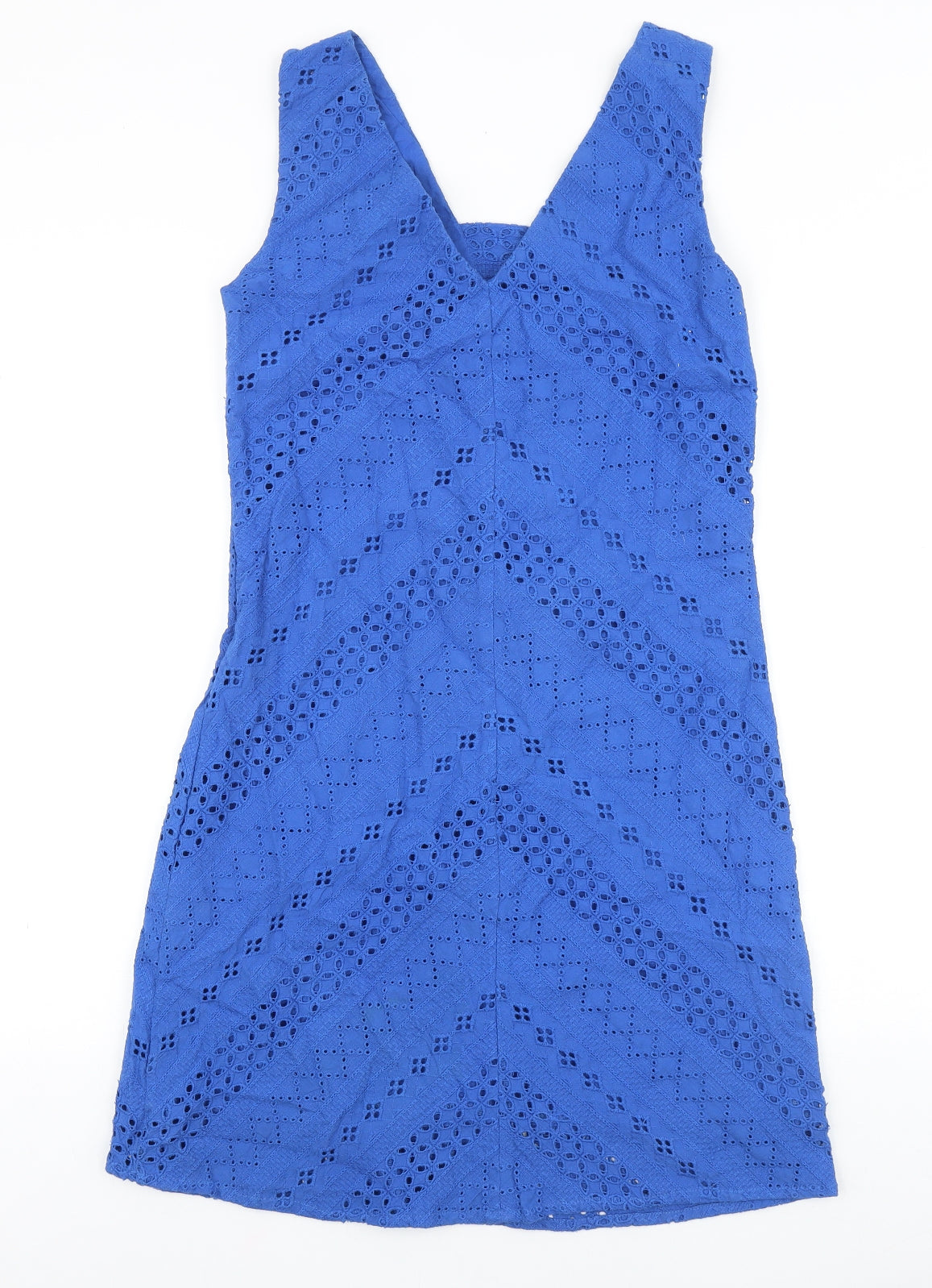 Yumi Womens Blue 100% Cotton Tank Dress Size 8 V-Neck Zip - Broderie Anglaise