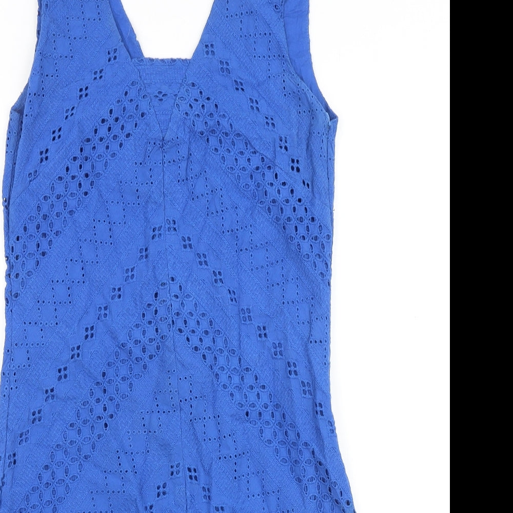 Yumi Womens Blue 100% Cotton Tank Dress Size 8 V-Neck Zip - Broderie Anglaise