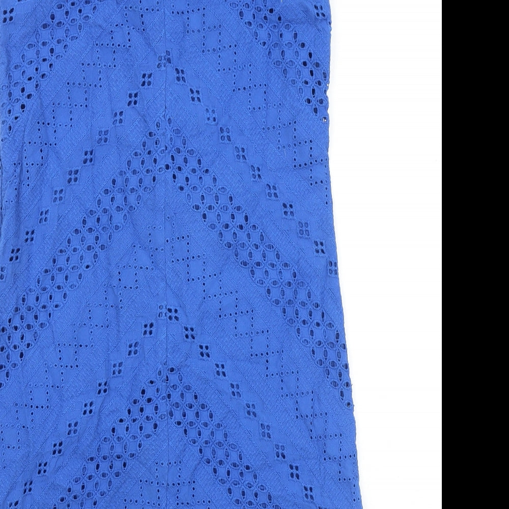 Yumi Womens Blue 100% Cotton Tank Dress Size 8 V-Neck Zip - Broderie Anglaise