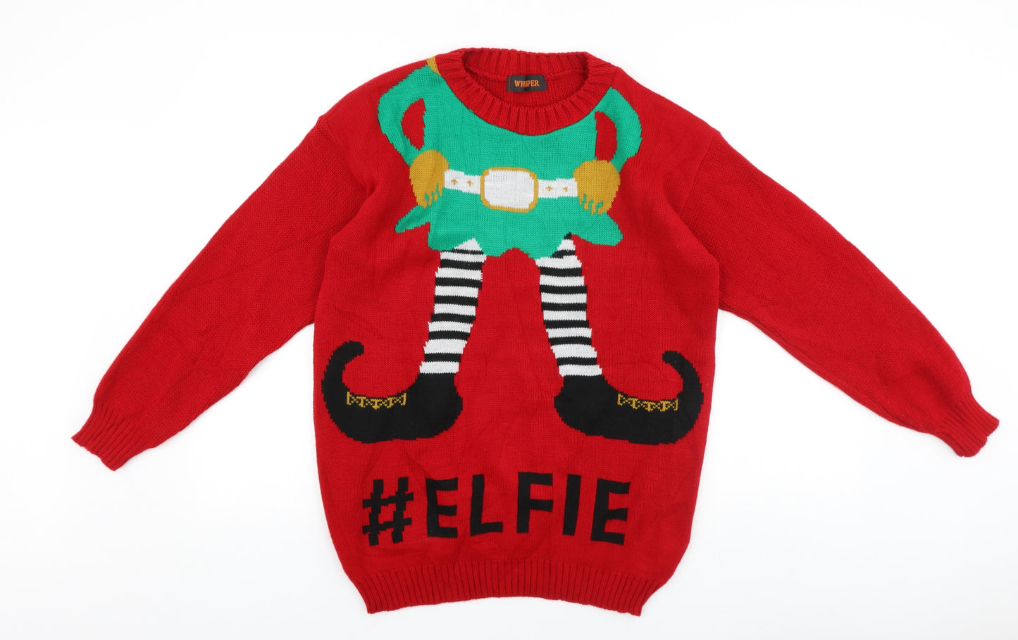 Whisper Mens Red Round Neck Acrylic Pullover Jumper Size M - Christmas Elf #Elfie