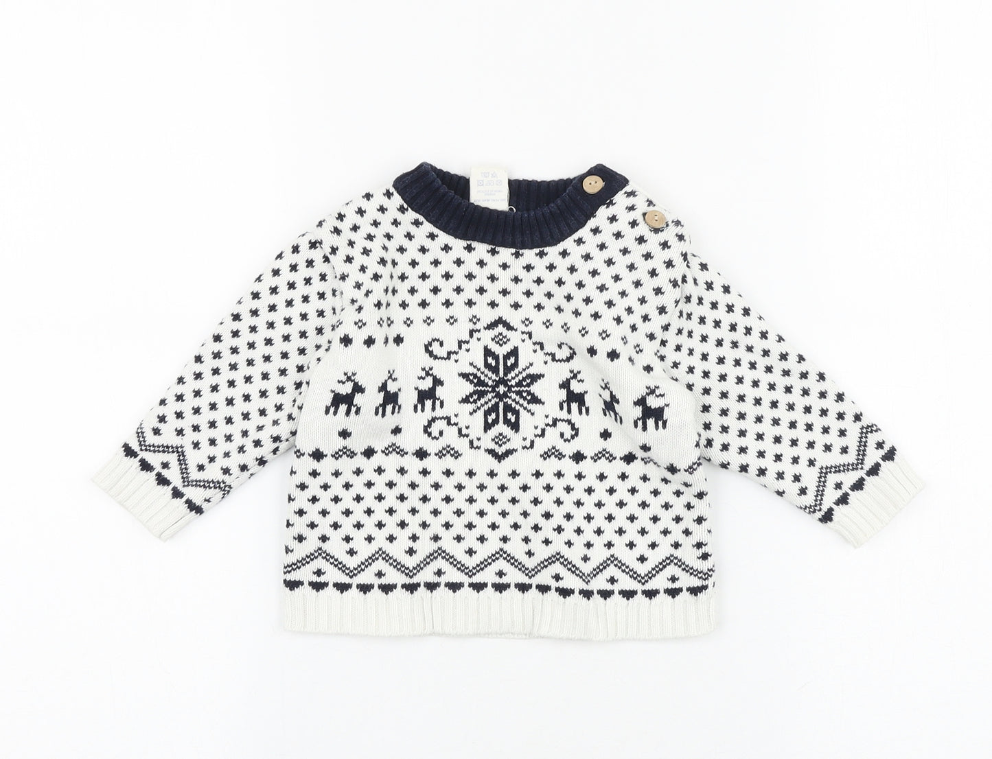 Alana Baby White Fair Isle 100% Cotton Pullover Jumper Size 12-18 Months Button - Christmas