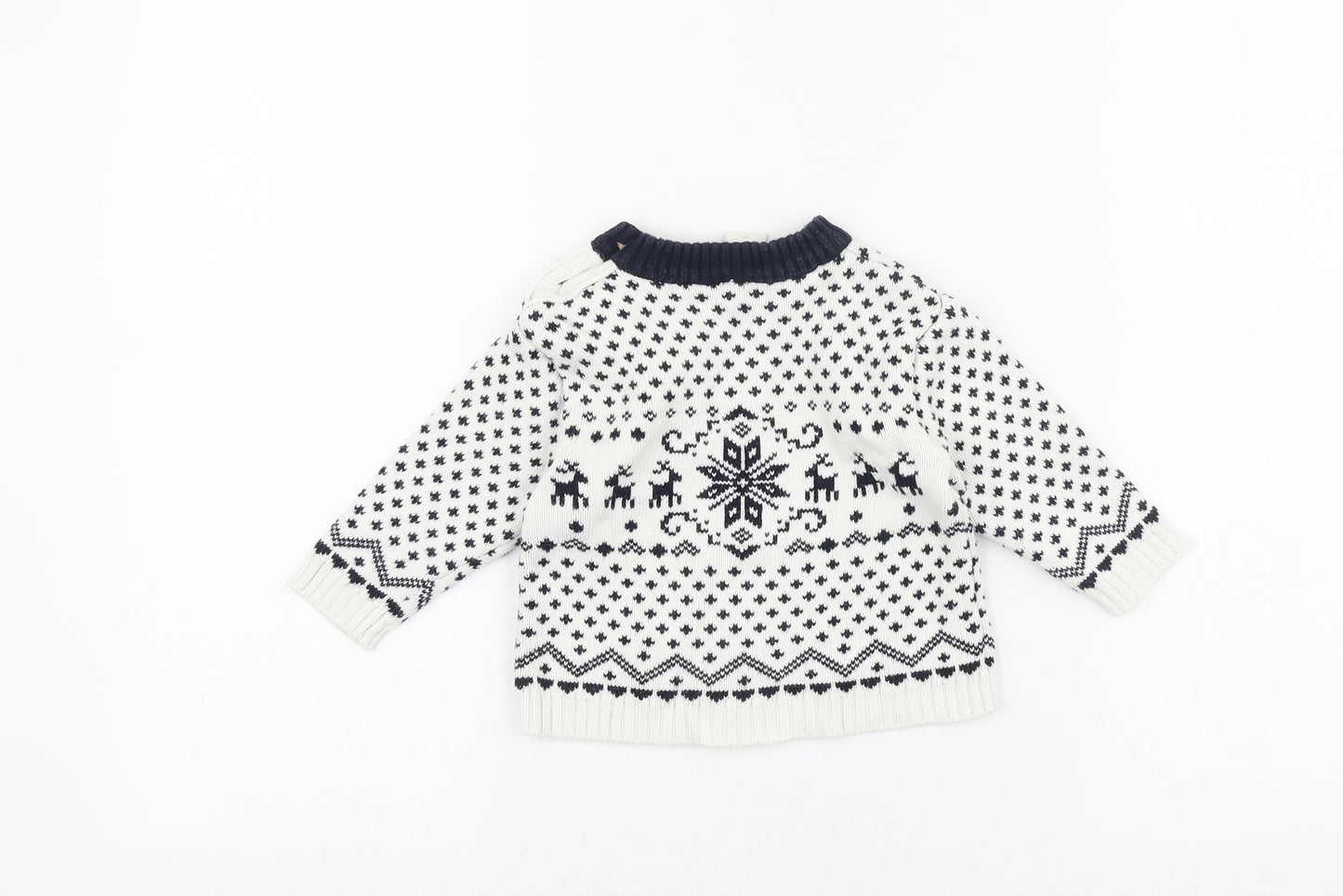 Alana Baby White Fair Isle 100% Cotton Pullover Jumper Size 12-18 Months Button - Christmas