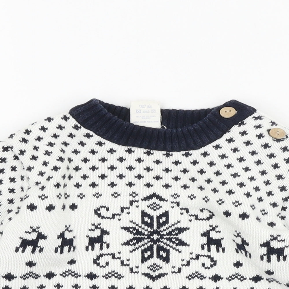Alana Baby White Fair Isle 100% Cotton Pullover Jumper Size 12-18 Months Button - Christmas