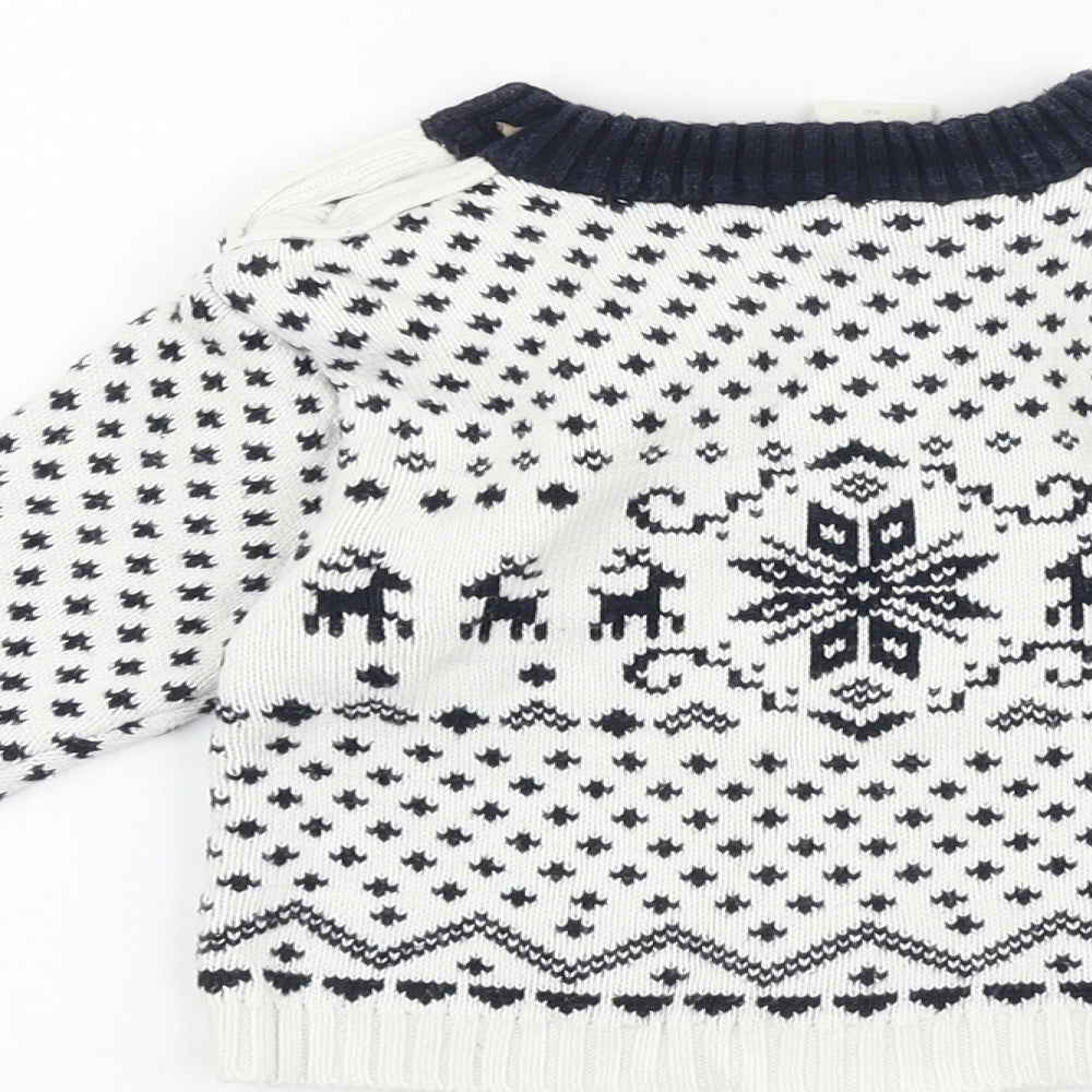 Alana Baby White Fair Isle 100% Cotton Pullover Jumper Size 12-18 Months Button - Christmas