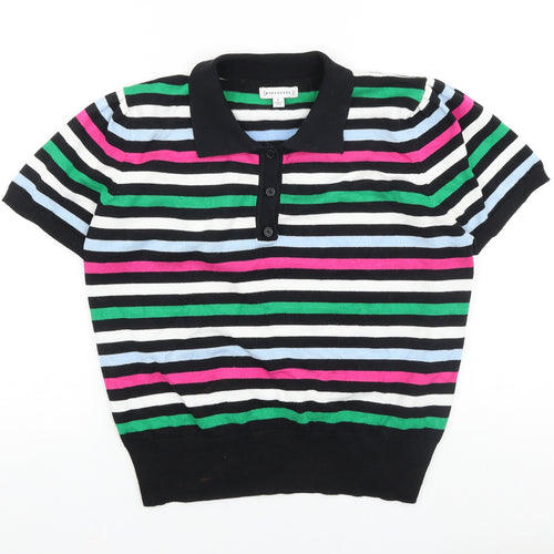 Warehouse Womens Black Striped 100% Cotton Basic Polo Size L V-Neck