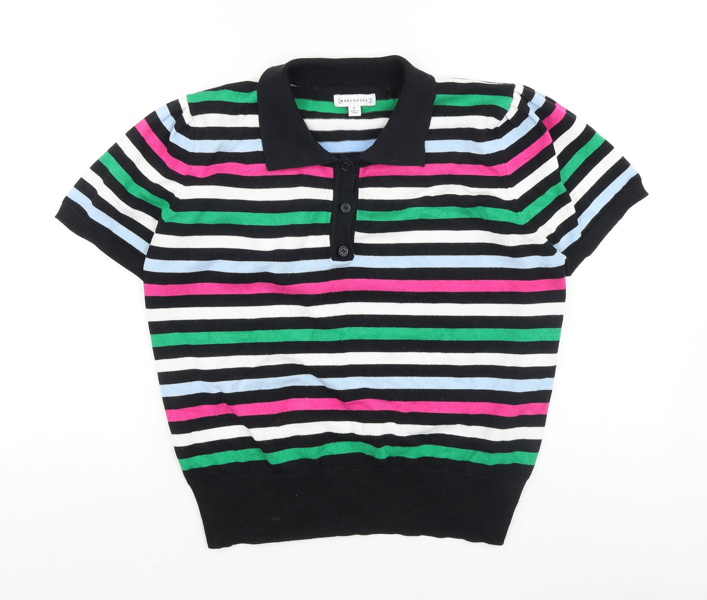 Warehouse Womens Black Striped 100% Cotton Basic Polo Size L V-Neck