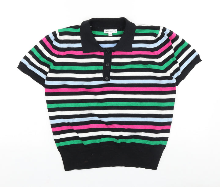 Warehouse Womens Black Striped 100% Cotton Basic Polo Size L V-Neck
