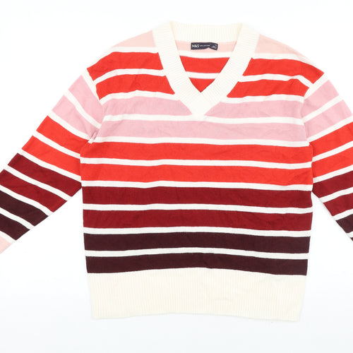 Marks and Spencer Womens Multicoloured V-Neck Striped Acrylic Pullover Jumper Size 14
