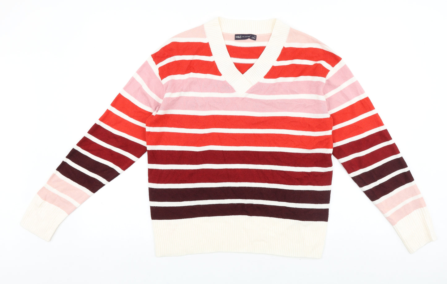 Marks and Spencer Womens Multicoloured V-Neck Striped Acrylic Pullover Jumper Size 14